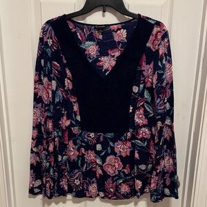 New Directions Floral V-Neck Blouse - Navy and Pink